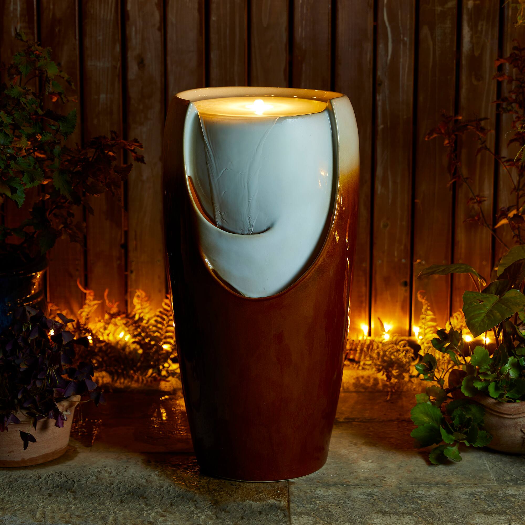 Glitzhome® 29.25" LED Sand Beige & Brown Ceramic Pot Outdoor Floor Fountain